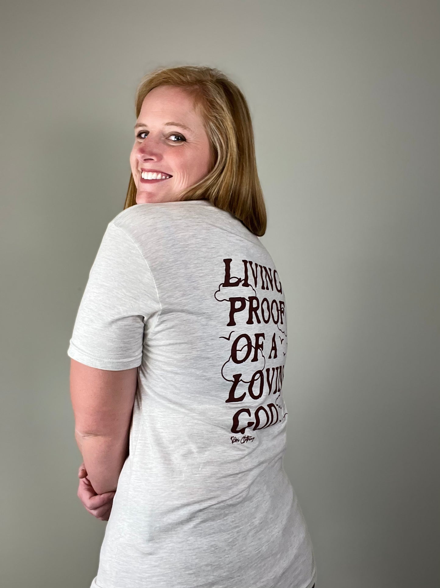 Living Proof of a Loving God Christian Tee in Oatmeal