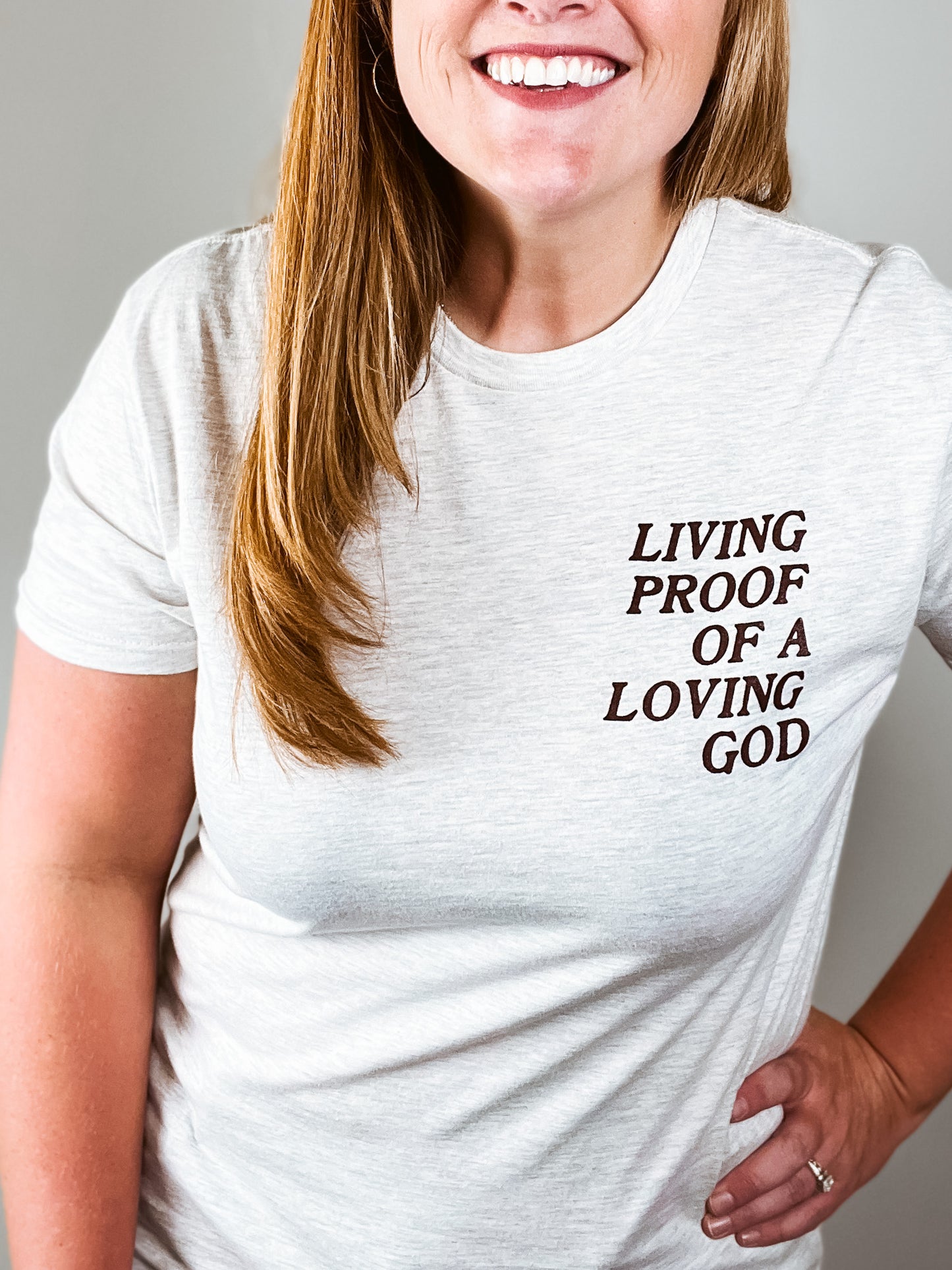 Living Proof of a Loving God Christian Tee in Oatmeal