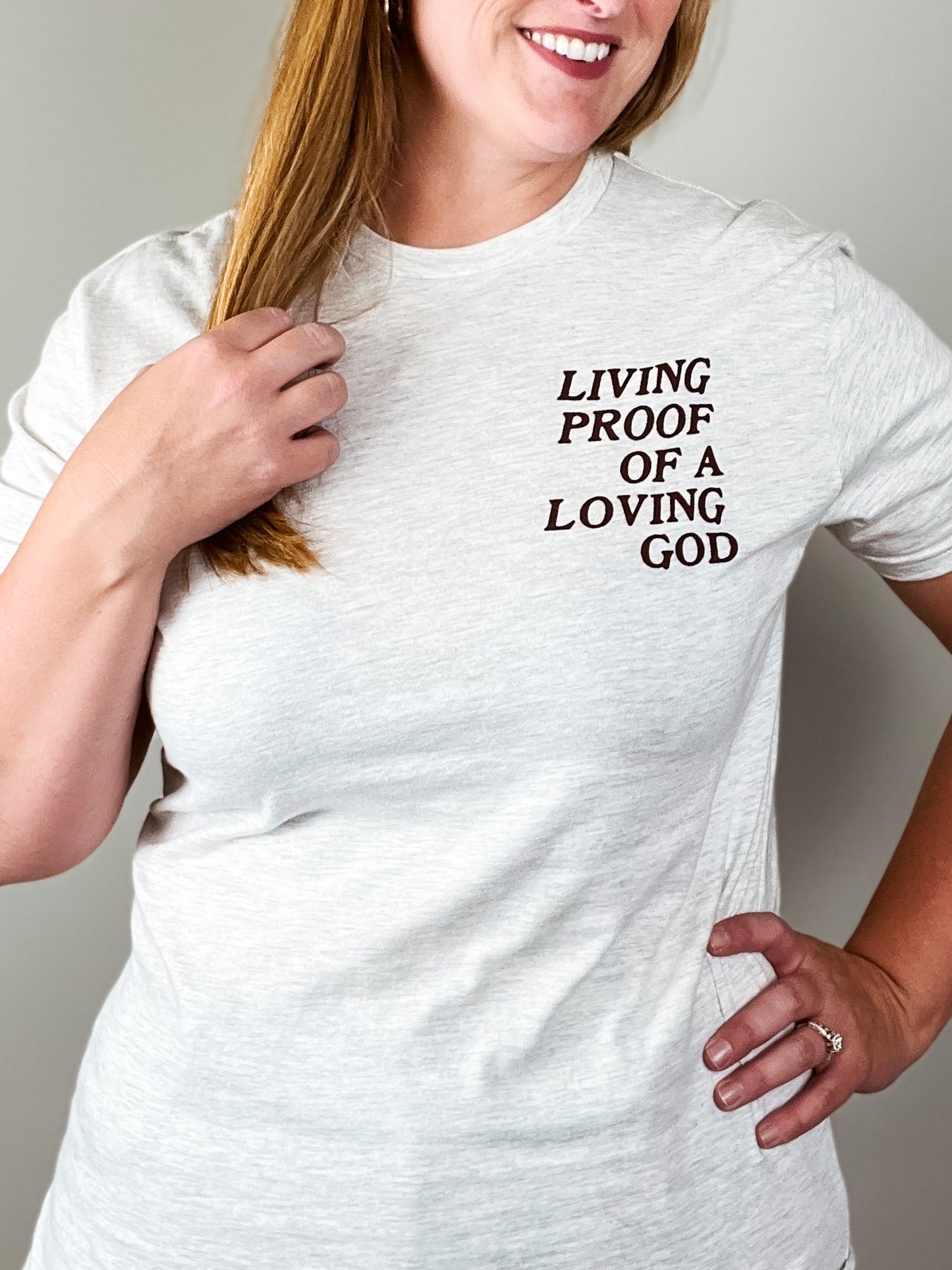 Living Proof of a Loving God Christian Tee in Oatmeal