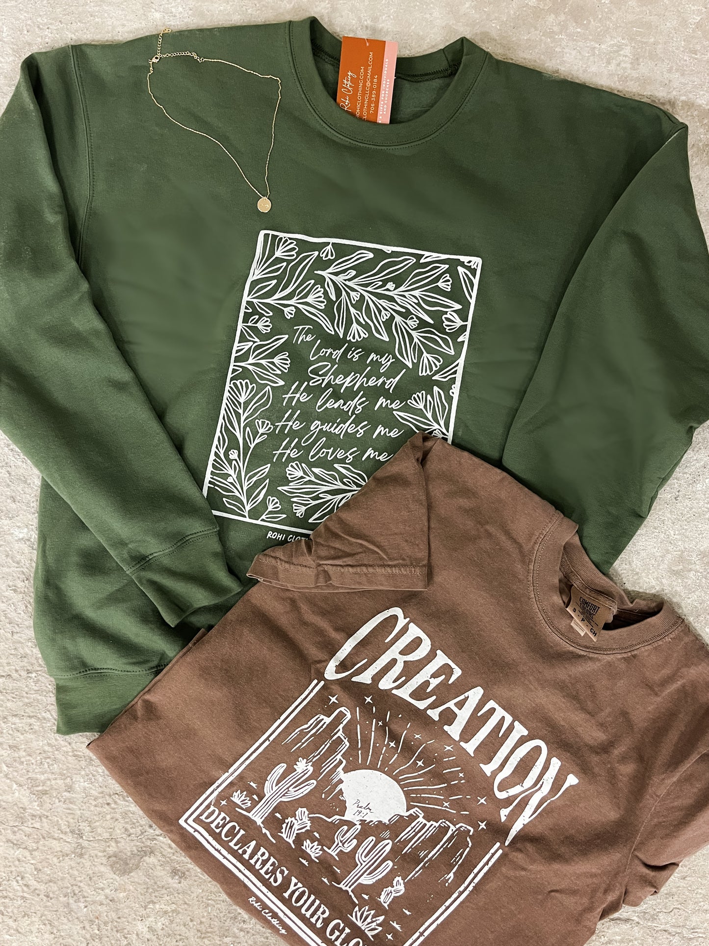 He Leads Me Olive Crewneck