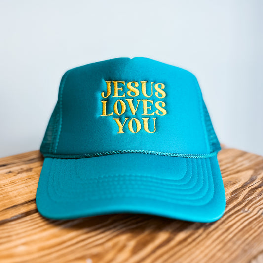 JESUS LOVES YOU Teal Trucker Hat