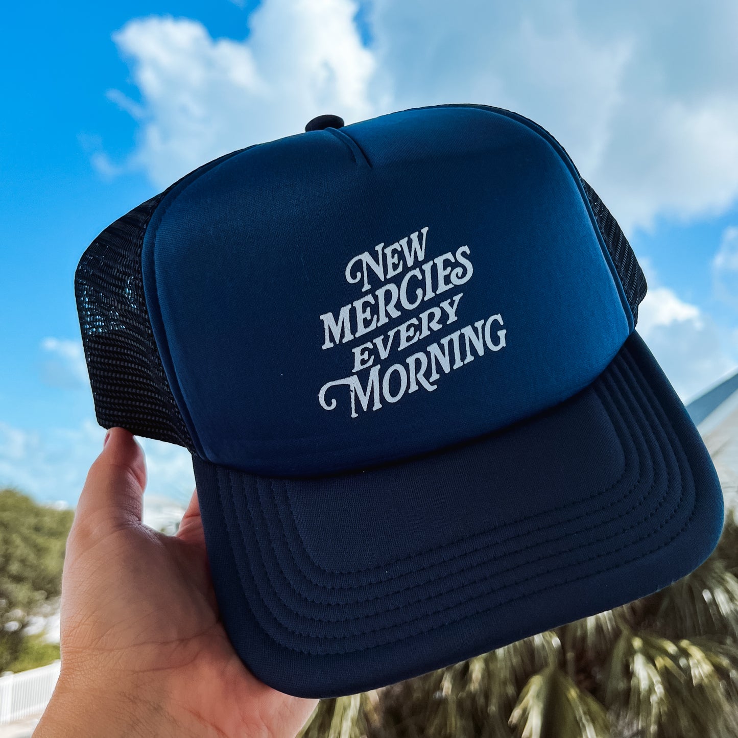 New Mercies Foam Trucker Hat in Navy