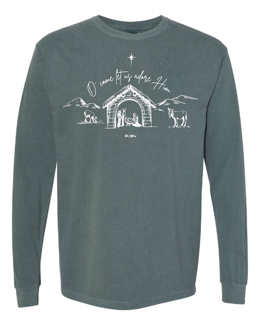 O Come Let Us Adore Him Spruce Longsleeve Comfort Color Tee